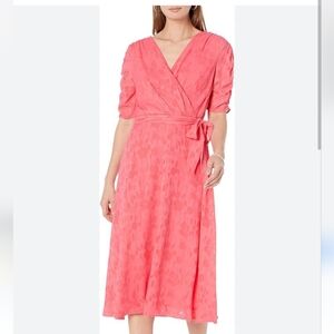 DKNY Ruched Sleeve V Neck Faux Wrap Dress